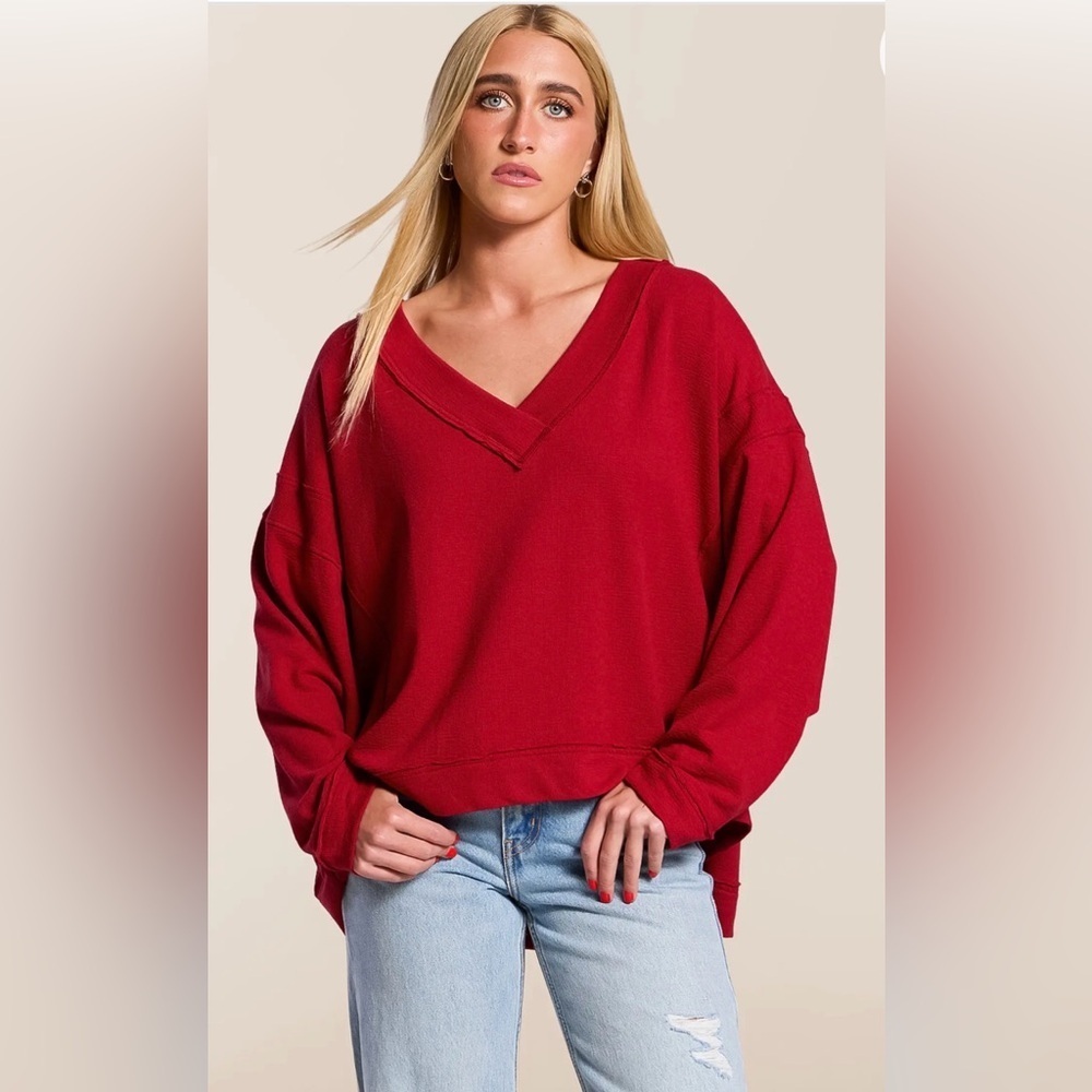 Free People Staycation Oversized V-Neck Terry Sweatshirt Red XS